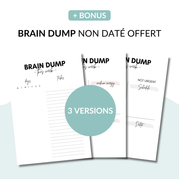 Bonus : brain dump non daté offert ! Existe en 3 versions et plusieurs couleurs