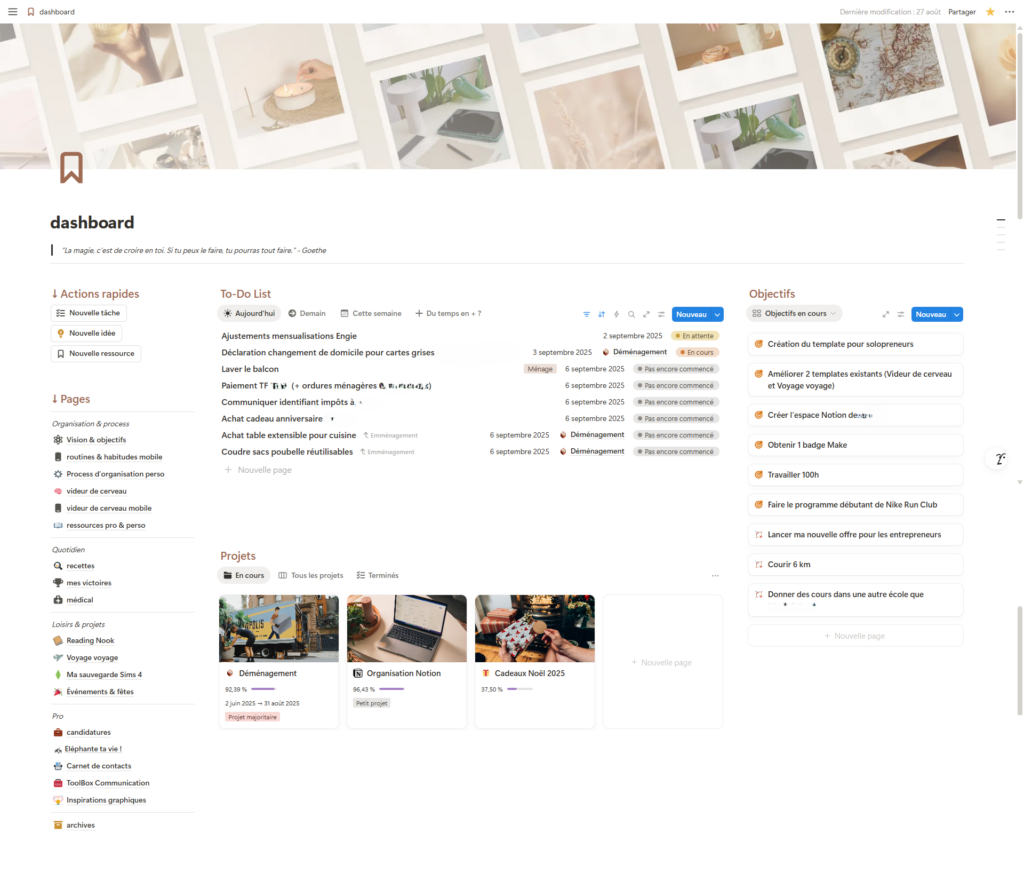 Comment s'organiser avec Notion : vue de l'espace Notion de Nolwenn - Eléphante ta vie