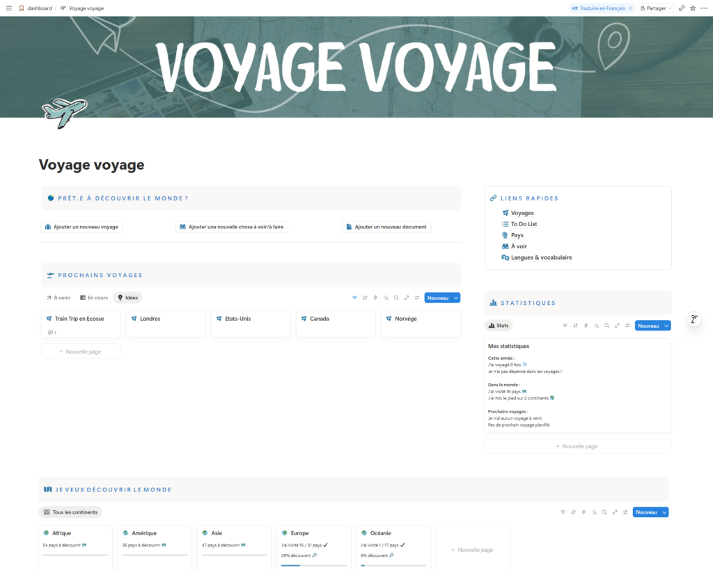 Organisation de voyages sur Notion