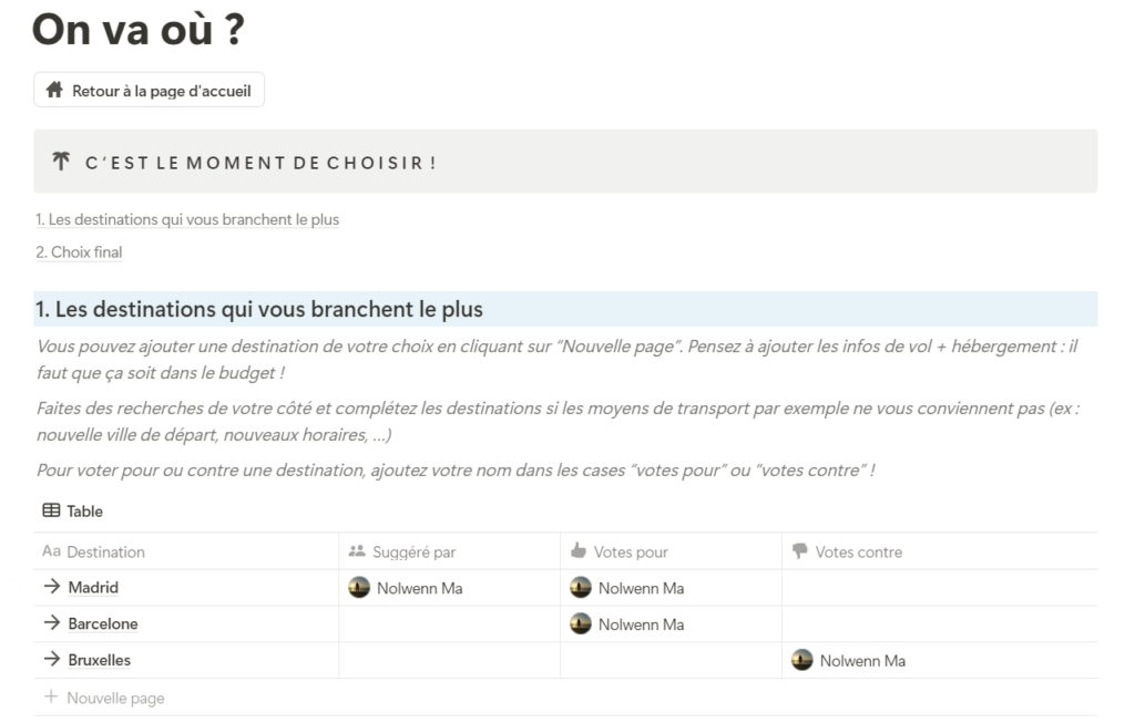 Template Notion "Voyage entre potes" : choix de la destination