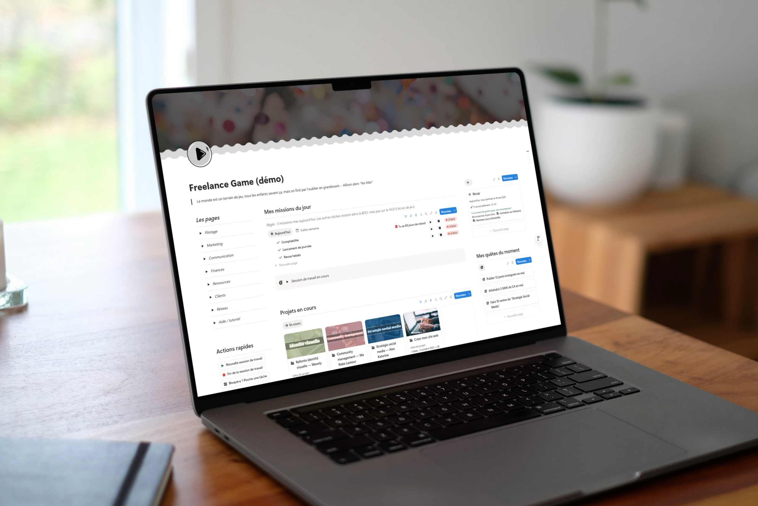 Aperçu de la page d'accueil de Freelance Game, template Notion freelance tout-en-un : tâches du jour, projets en cours et centre de notifications joueur