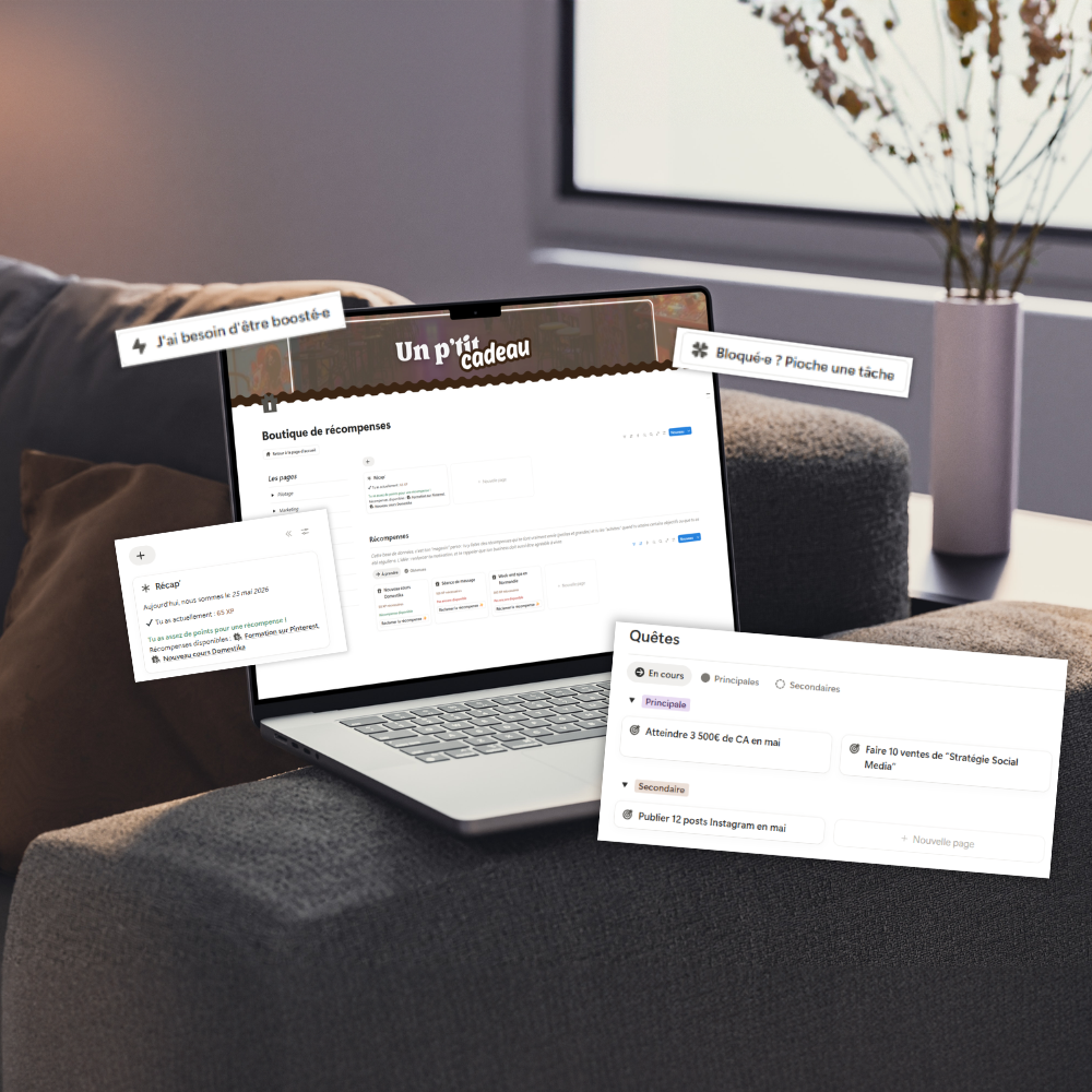 Système de quêtes et boutique de récompenses dans Freelance Game, template Notion freelance gamifié : XP, progression et récompenses personnalisées