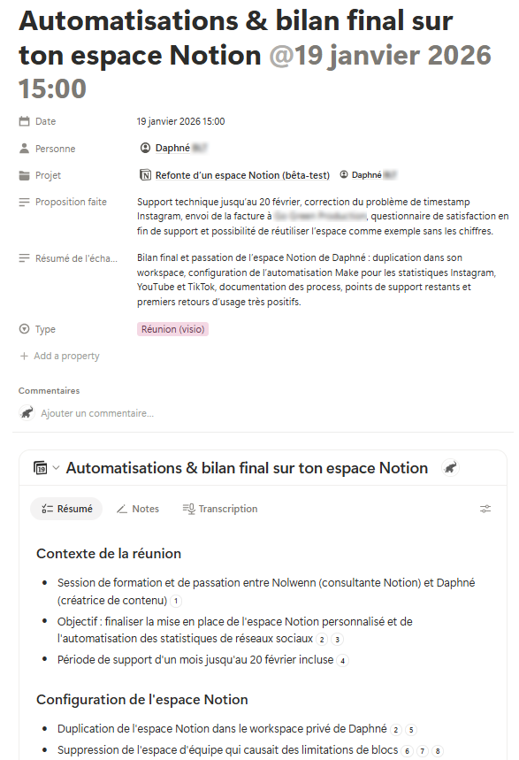 Résumé de réunion généré automatiquement par Notion AI, relié à une fiche client et un projet dans Notion