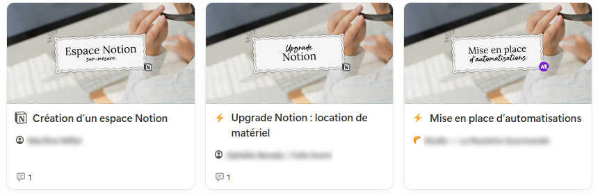 Vue galerie des projets clients dans Notion avec icônes et images de couverture personnalisées par type de prestation