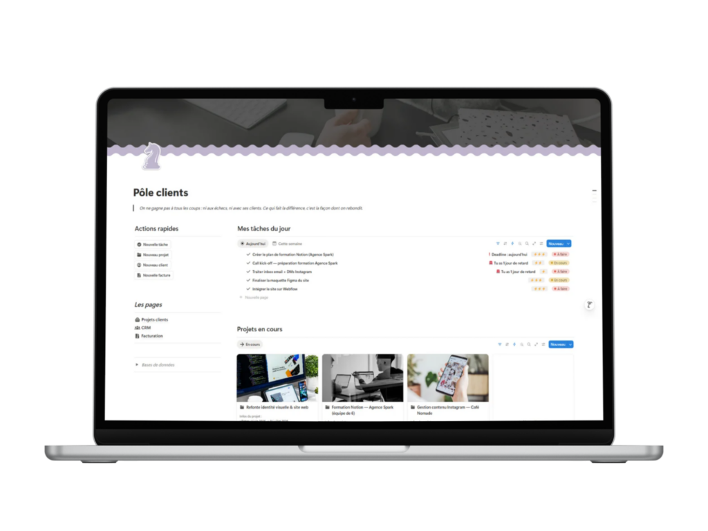 Mockup ordinateur présentant la page d'accueil du template Notion Pôle clients, CRM gratuit pour freelances