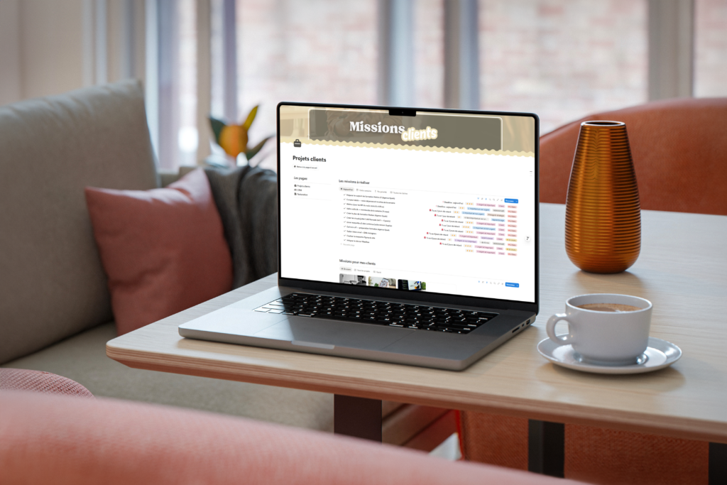 Mockup ordinateur présentant la vue gestion de missions clients du template Notion Pôle clients
